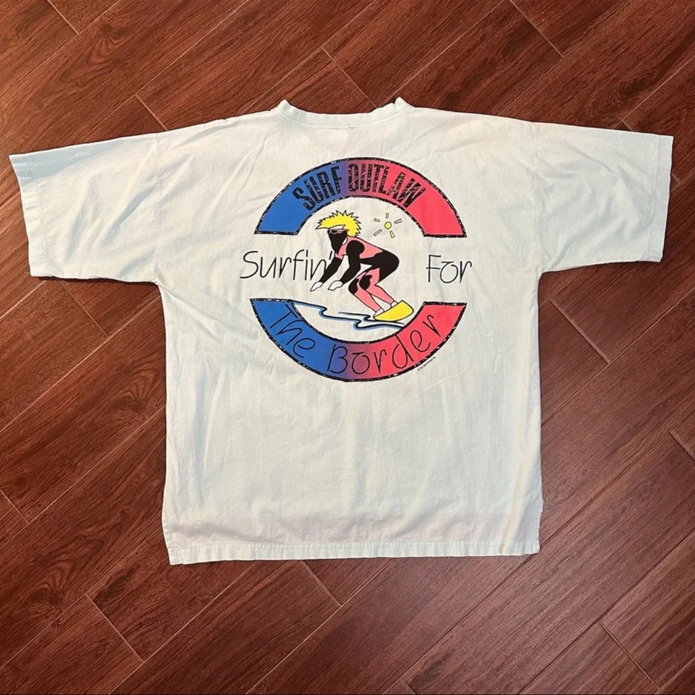 Vintage 90s Surf Outlaw Sun Sportswear Blue Linen TShirt Single Stitch Large